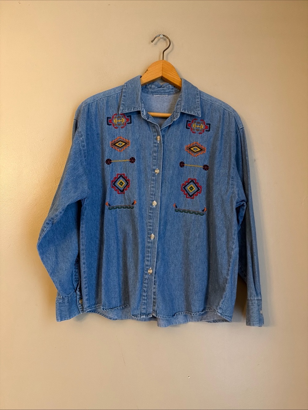 VTG 90s Jean Cotton Denim Button Up Shirt Womens Aztec Southwest Western
